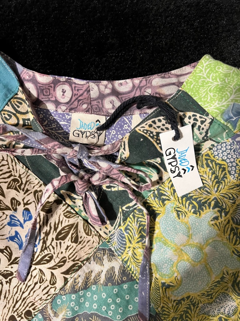 Boho Patchwork Green Multi Mini Dress with Bell Sleeves - Picture 2 of 5